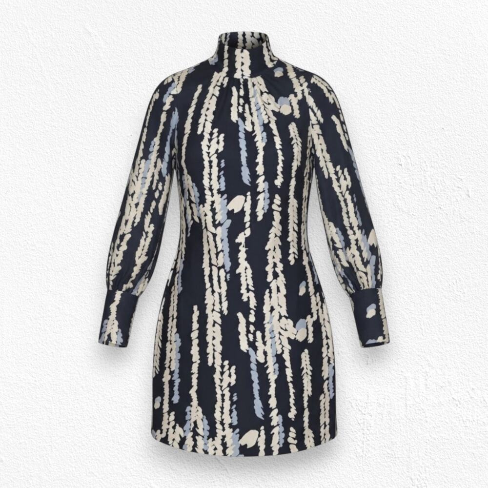 Vintage 90s Trina Turk Silk Abstract Print Mock Neck Mini Bodycon Dress 4 USA